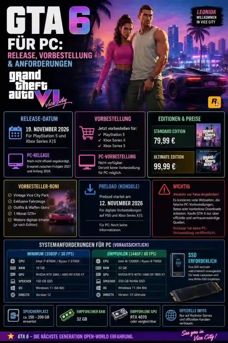 GTA 6 für PC: Release, Vorbestellung & Anforderungen