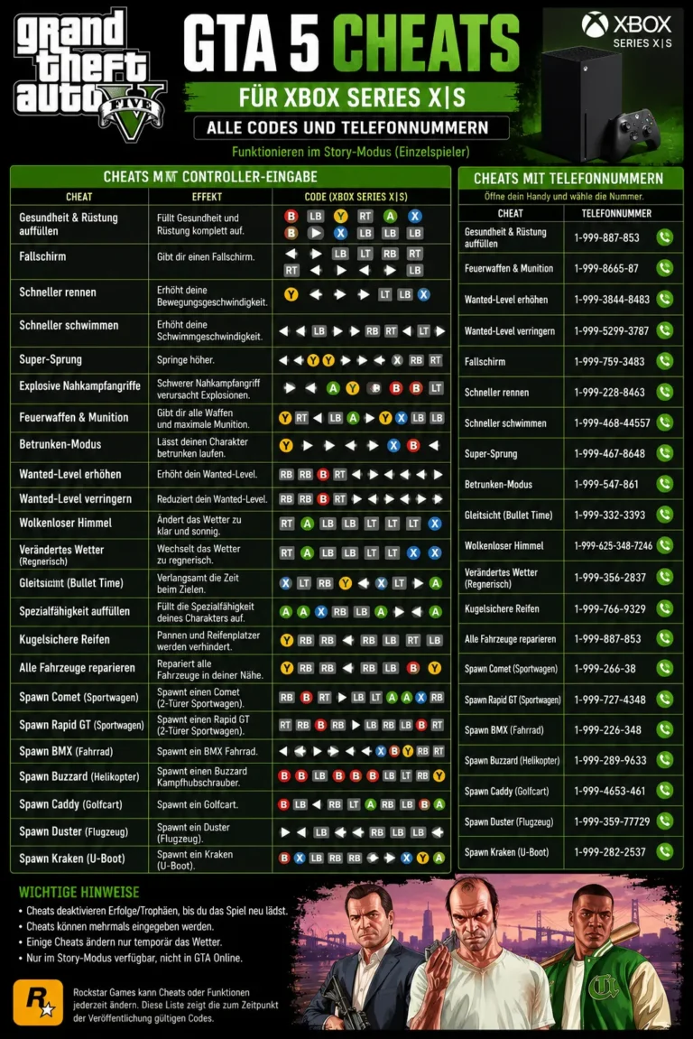 GTA 5 Cheats für Xbox Series X|S: Alle Codes und Telefonnummern