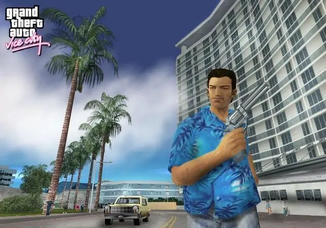 GTA Vice City mit Tommy Vercetti und der Stadt im Stil der 1980er-Jahre