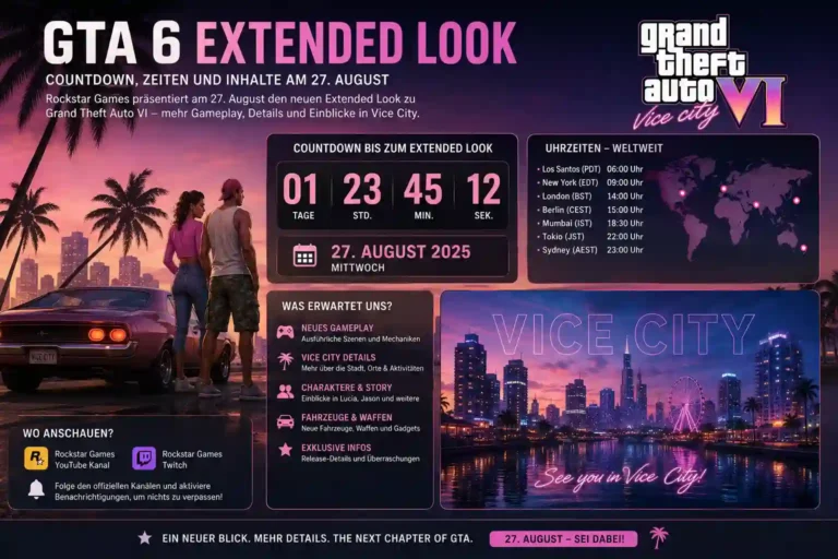GTA 6 Extended Look: Countdown, Uhrzeiten und Inhalte am 27. August